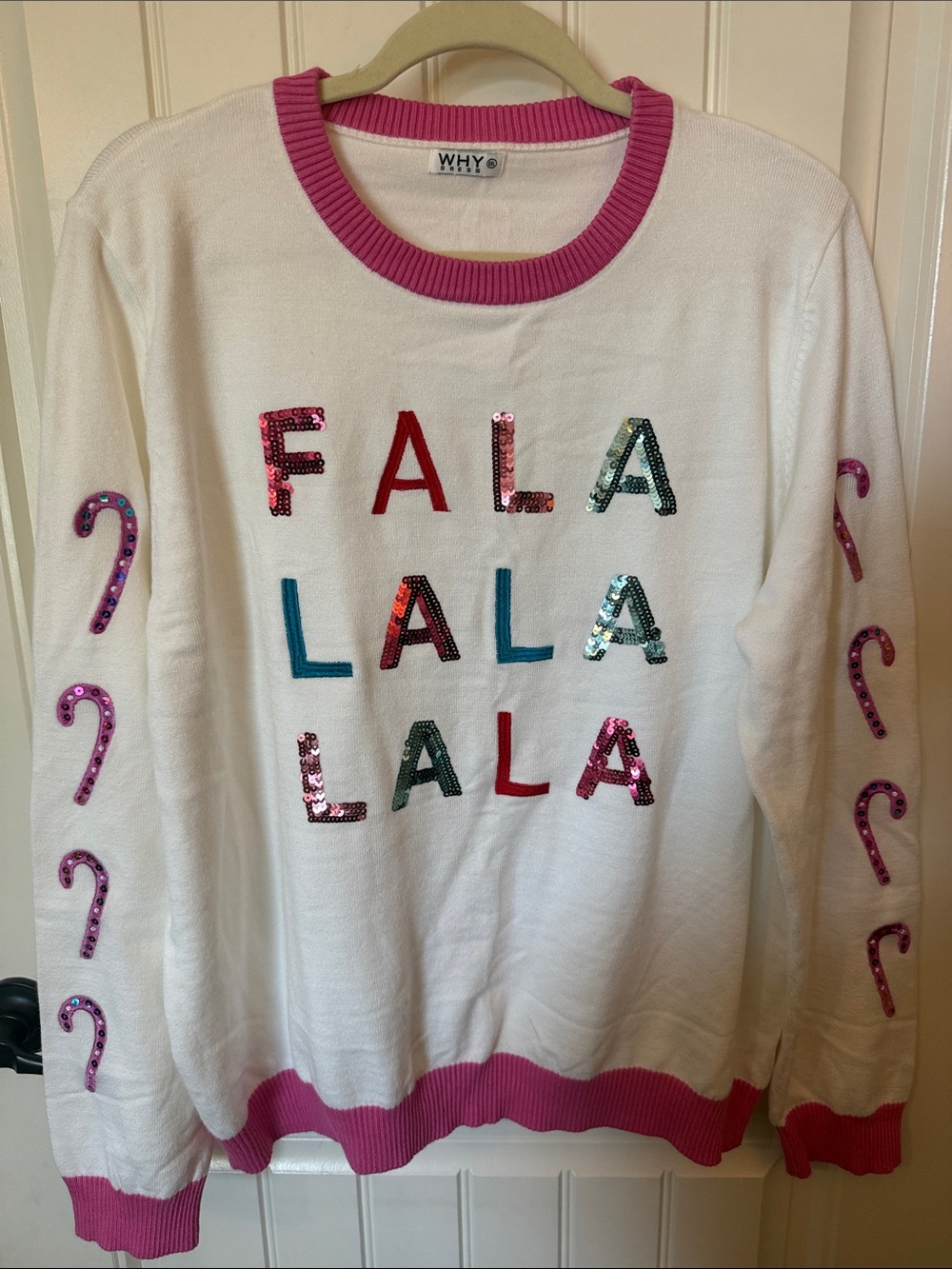 WHY Dress 'Fa La La' Sequin Crewneck Sweater in White with Pink Trim